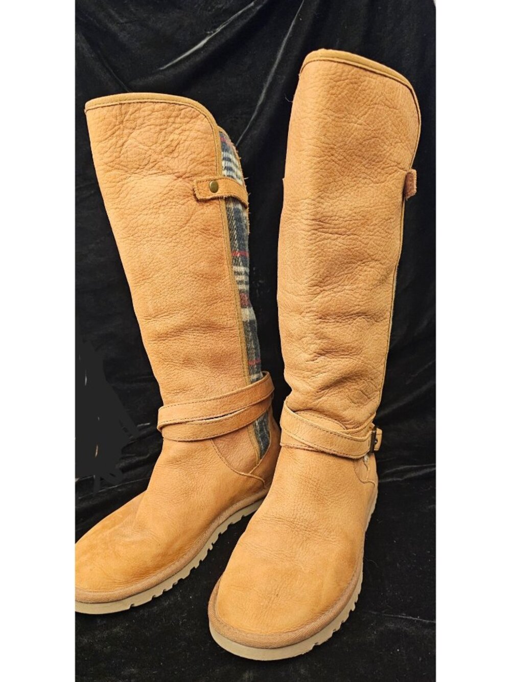 UGG Australia Brown Tall Leather Boots With Plaid Wool Panel Womens Size 7 Durab
